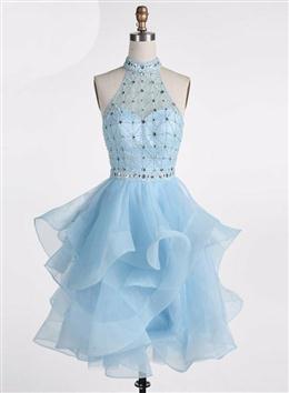 Picture of Light Blue Beaded Layers Knee Length Party Dresses, Blue Homecoming Dresses Short Prom Dresses